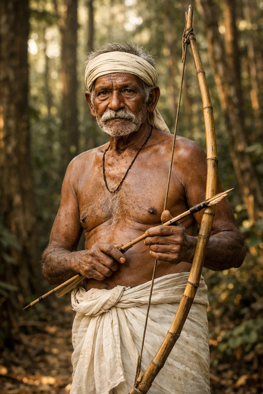 Kurichya tribal elder with bamboo bow in Wayanad forest