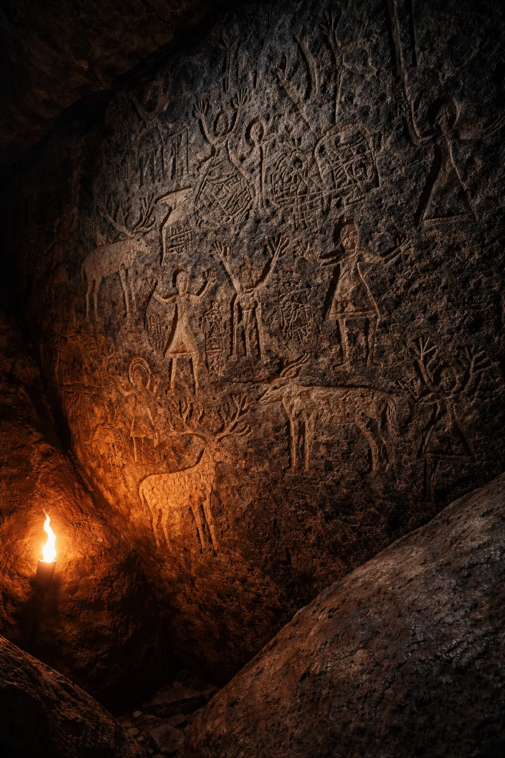 Ancient prehistoric petroglyphs inside Edakkal Caves, Wayanad