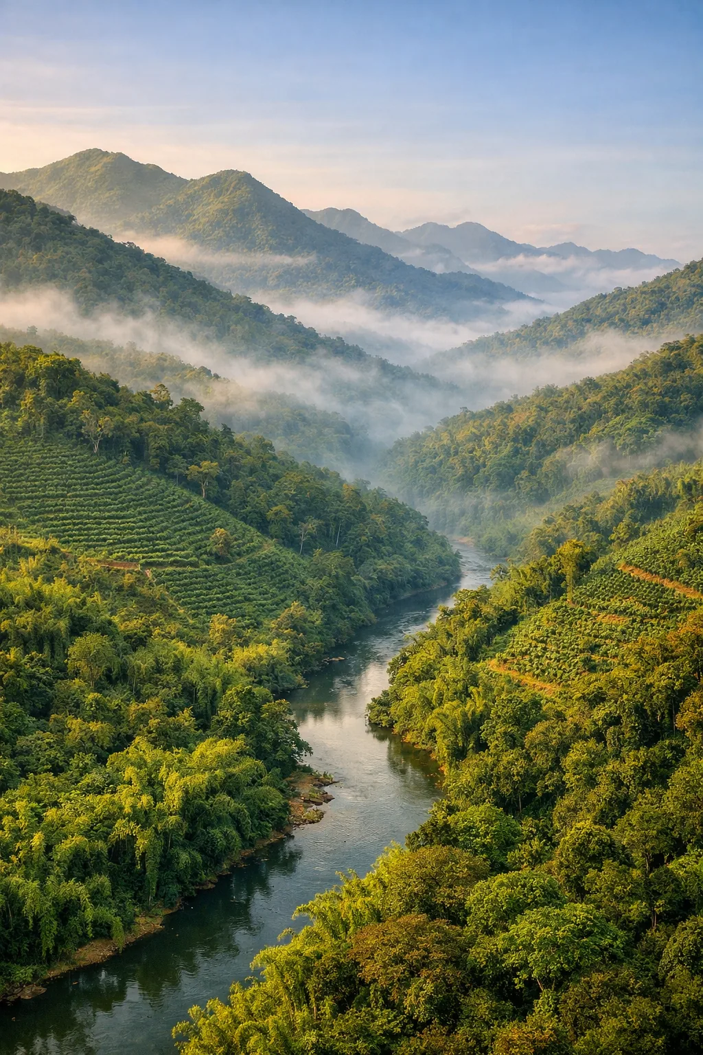 Aerial view of Western Ghats valley, river and plantations, Wayanad